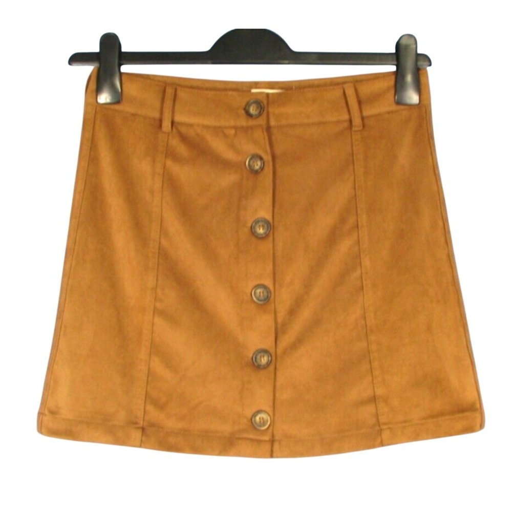 TAKARA Anthropologie CARAMEL BROWN Faux Suede BUTTON-FRONT A-Line MINI SKIRT  7